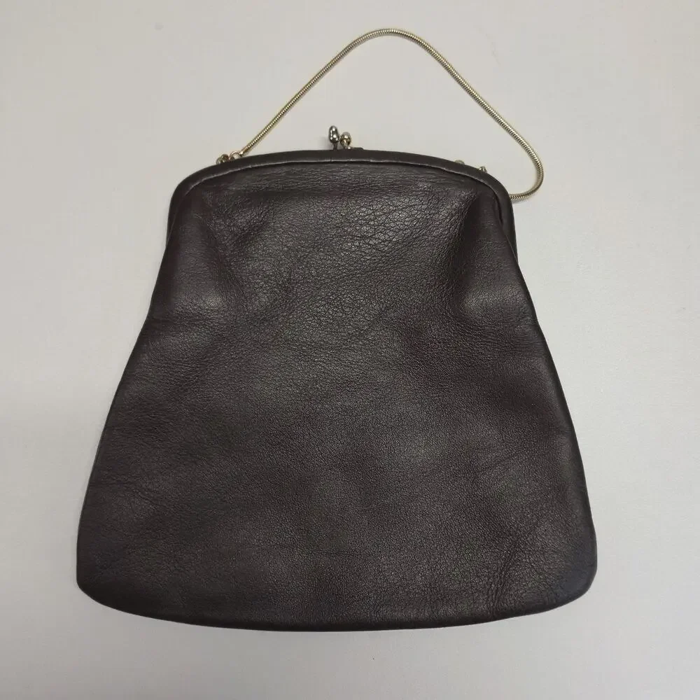 Vintage Hopper Kiss Lock Handbag Brown Leather Frame Clutch Purse 60s USA Made